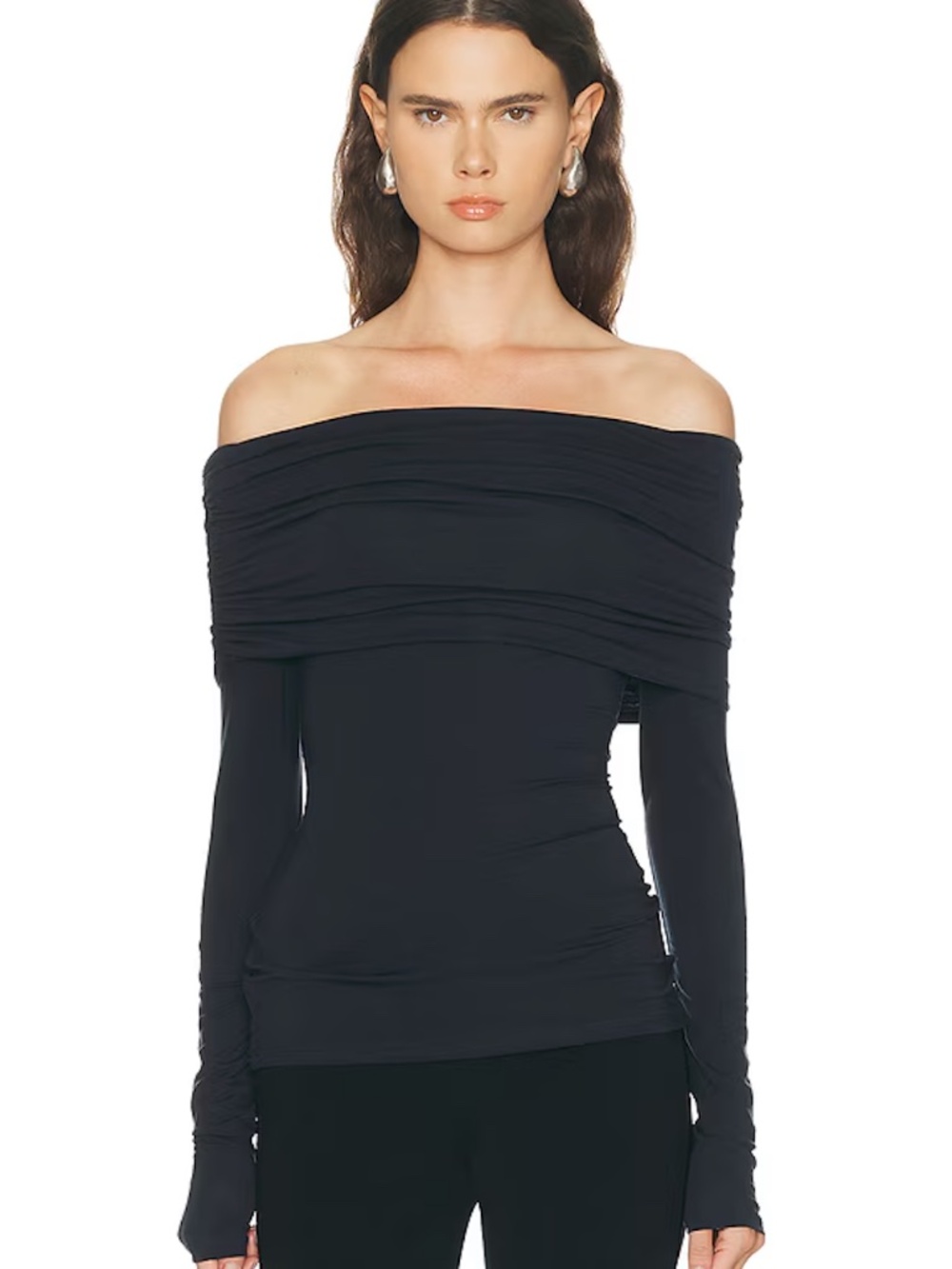 Norma Kamali Black Off The Shoulder Rouched Long Sleeve Top Size Small